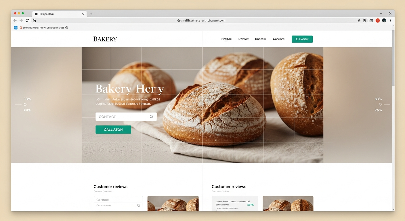 AI_IMAGE: A clean, modern small business website displayed in a browser, showing a bakery homepage with warm beige tones, a prominent hero image of artisan bread, clear navigation, a bold call-to-action button in teal green, and a professional layout with conversion-focused design elements like a contact form and customer reviews section visible. The design should feel polished, minimal, and data-informed with subtle grid lines and metric indicators. Warm natural lighting, shallow depth of field effect on the content. | digital-art | landscape