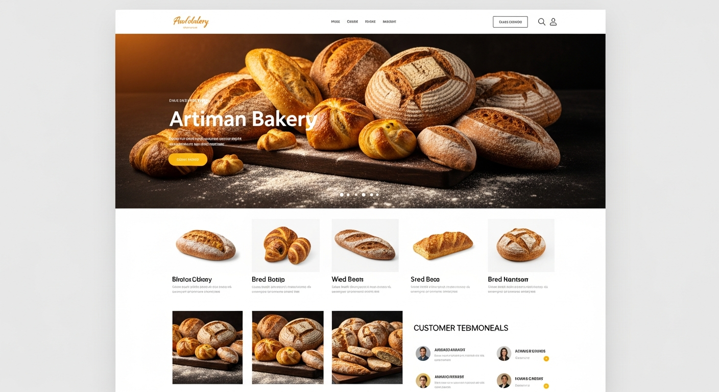 AI_IMAGE: A modern bakery website design mockup showing artisan bread products, warm earthy tones, clean typography, professional food photography with a hero banner, product grid, and customer testimonials section. Warm golden lighting, appetizing composition | digital-art | landscape