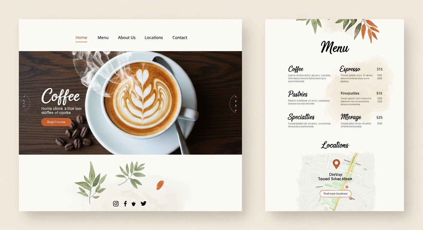AI_IMAGE: A charming coffee shop website design mockup with warm brown and cream colors, beautiful latte art photography, a cozy atmosphere, menu section with pricing, location map area, and social media integration. Inviting and artisanal aesthetic with natural textures | digital-art | landscape