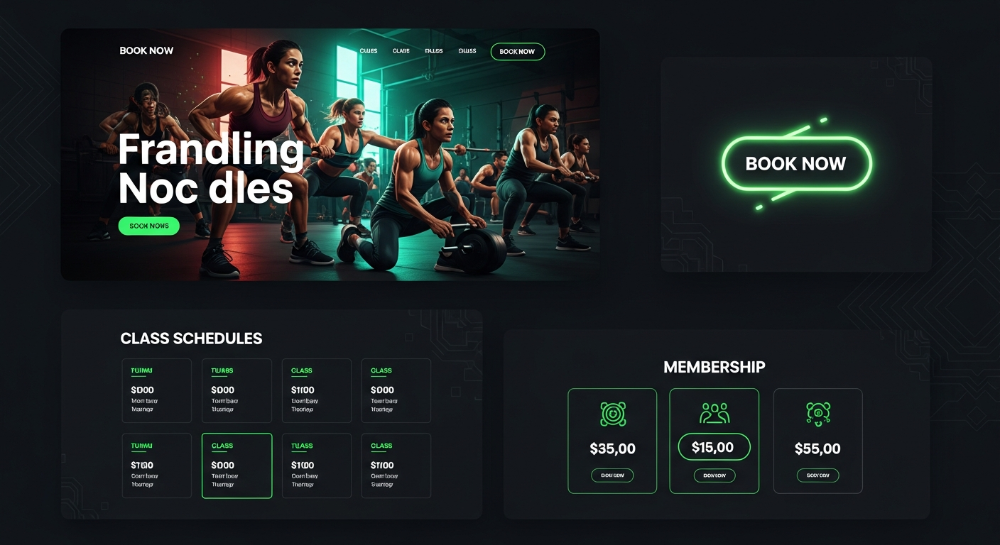 AI_IMAGE: A sleek fitness studio website design mockup with high-energy dark theme, vibrant green accent colors, dynamic action shots of people exercising, bold typography for class schedules, membership pricing cards, and a prominent booking button. Modern, energetic composition | digital-art | landscape