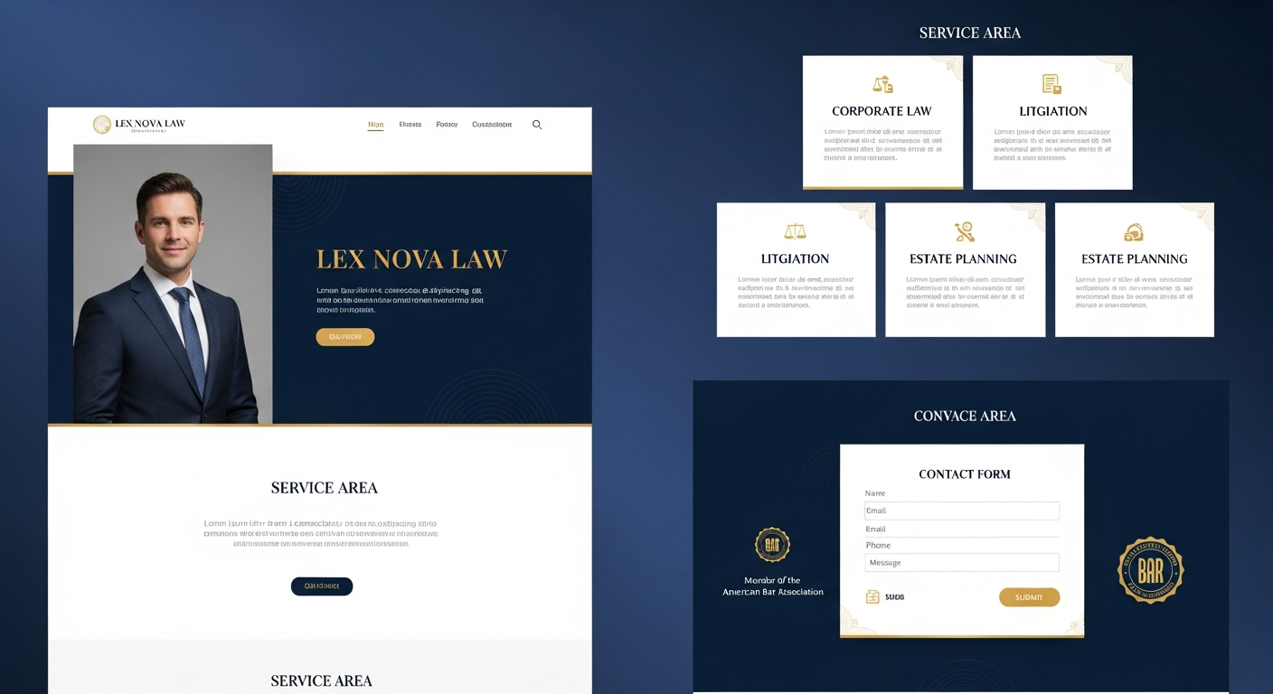 AI_IMAGE: A sophisticated law firm website design mockup with navy blue and gold color scheme, professional portrait photography placeholder, serif typography, clean service area cards, a contact form, and credibility indicators like bar association badges. Authoritative and trustworthy aesthetic | digital-art | landscape